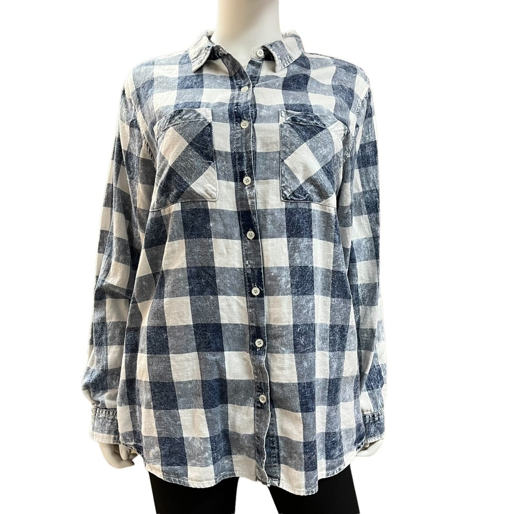 Womens XL Grunge Plaid‎ Flannel Shirt Blue White 90s Boho Skater Casual Layering